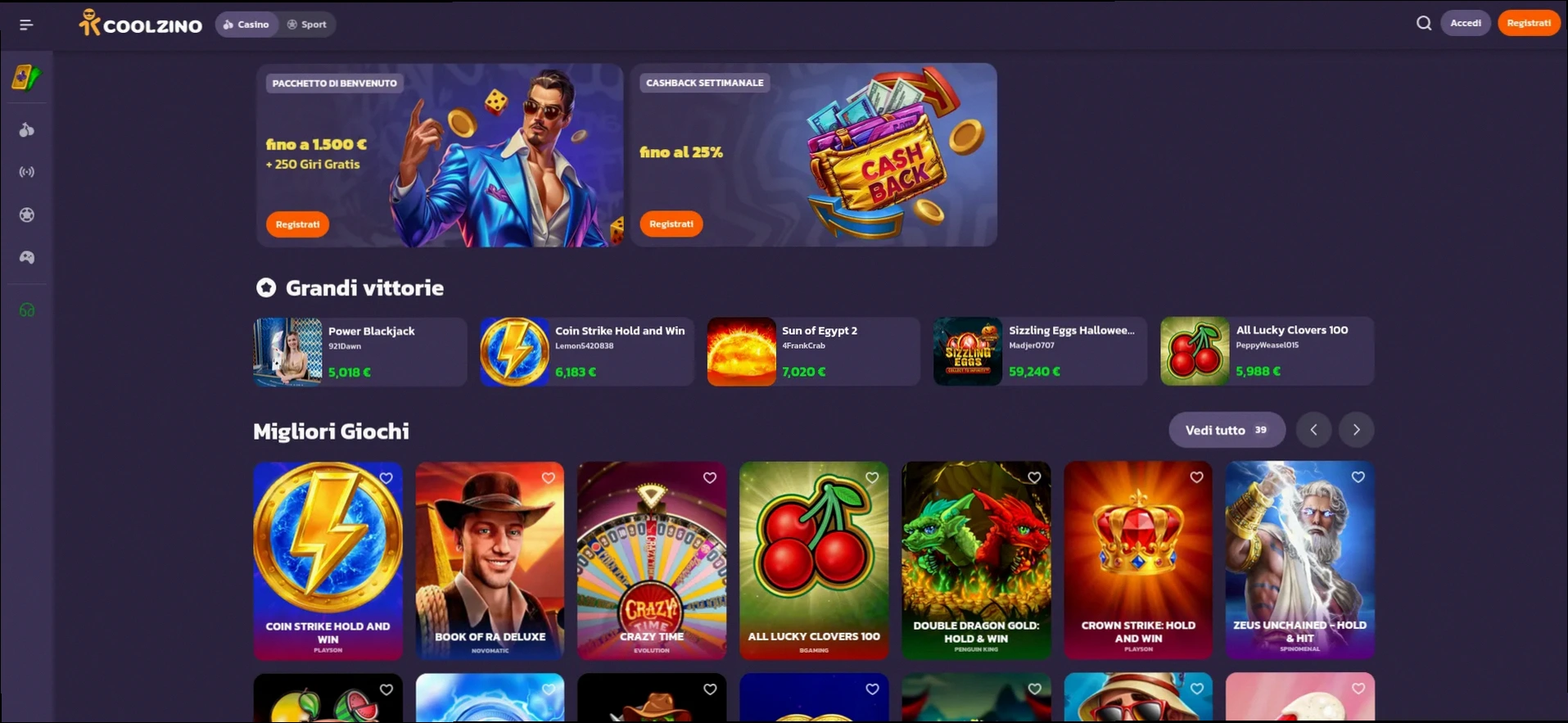 Coolzino Casino Fino a 1.500€ + 250 Giri Gratuiti
